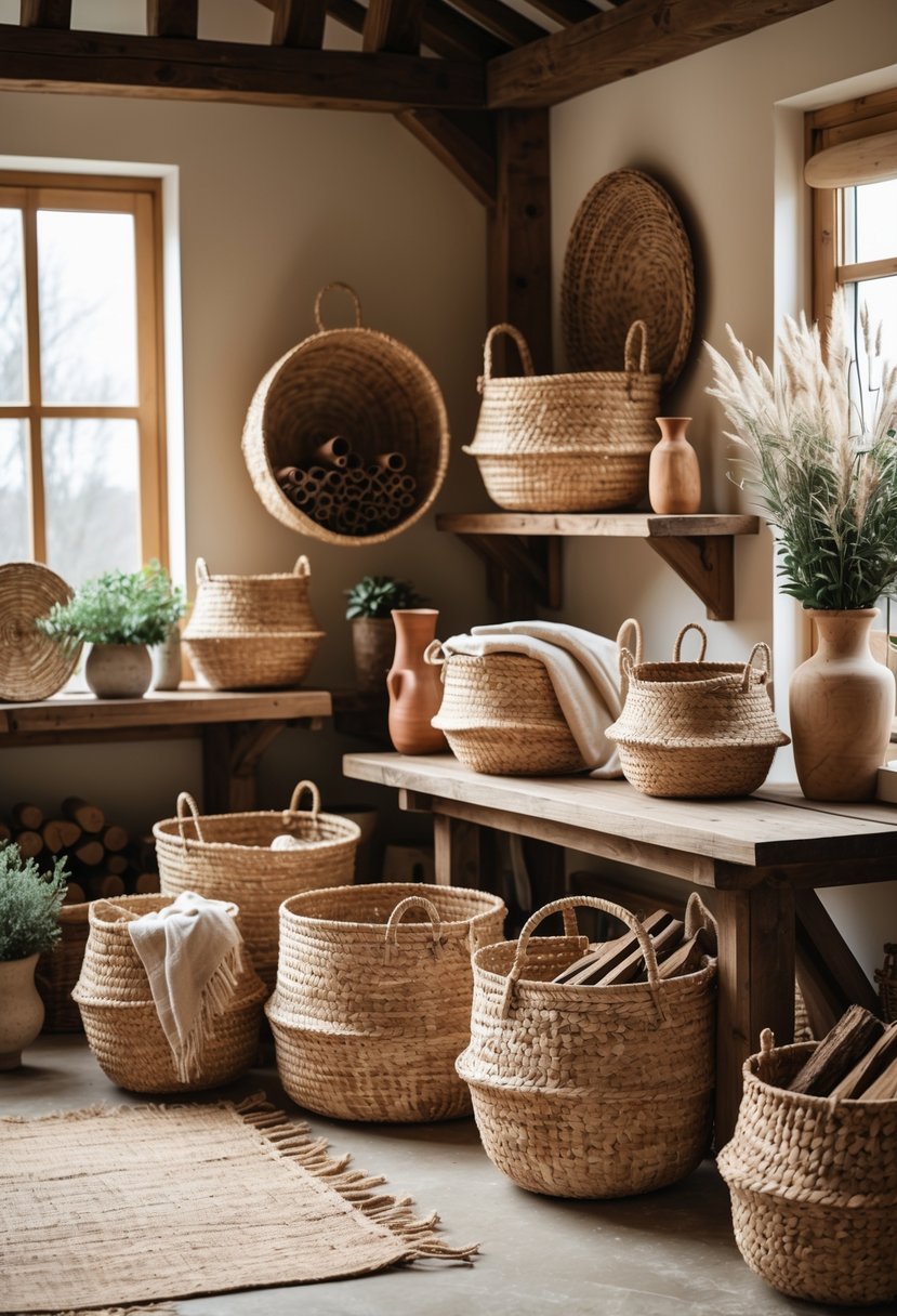 A collection of natural fiber baskets displayed in a cozy farmhouse room with wooden furniture and plants.