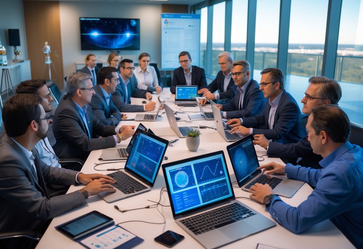 A group of professionals collaborating around a table with laptops and charts in a conference room during a space weather workshop.