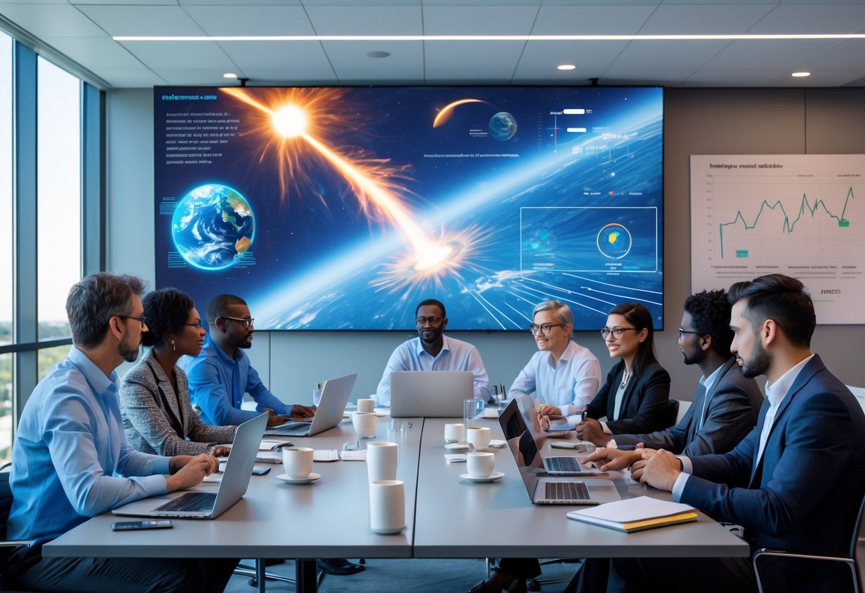 A group of people gathered in a conference room with a large screen showing space weather visuals, engaged in discussion and note-taking.