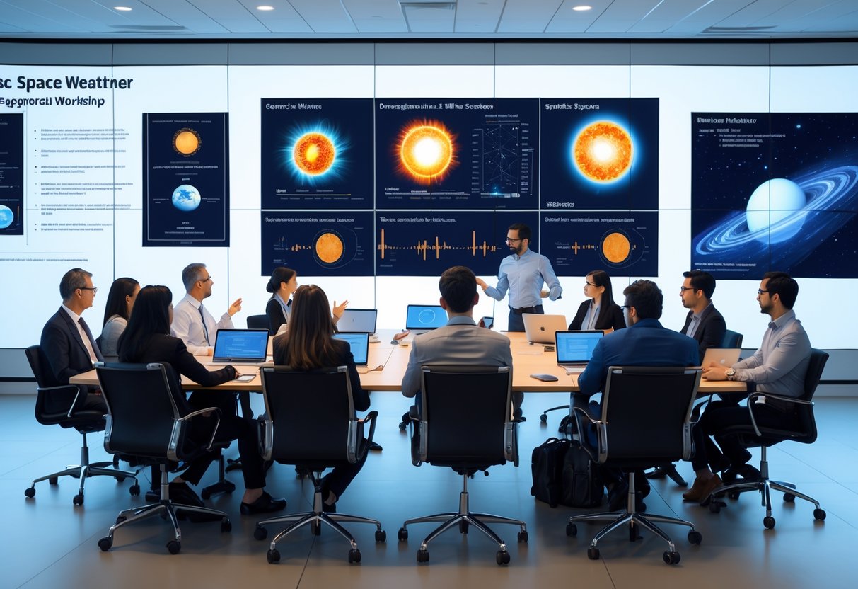 A group of professionals collaborating around a conference table with laptops and digital devices, viewing space weather data visualizations on a large screen in a bright meeting room.