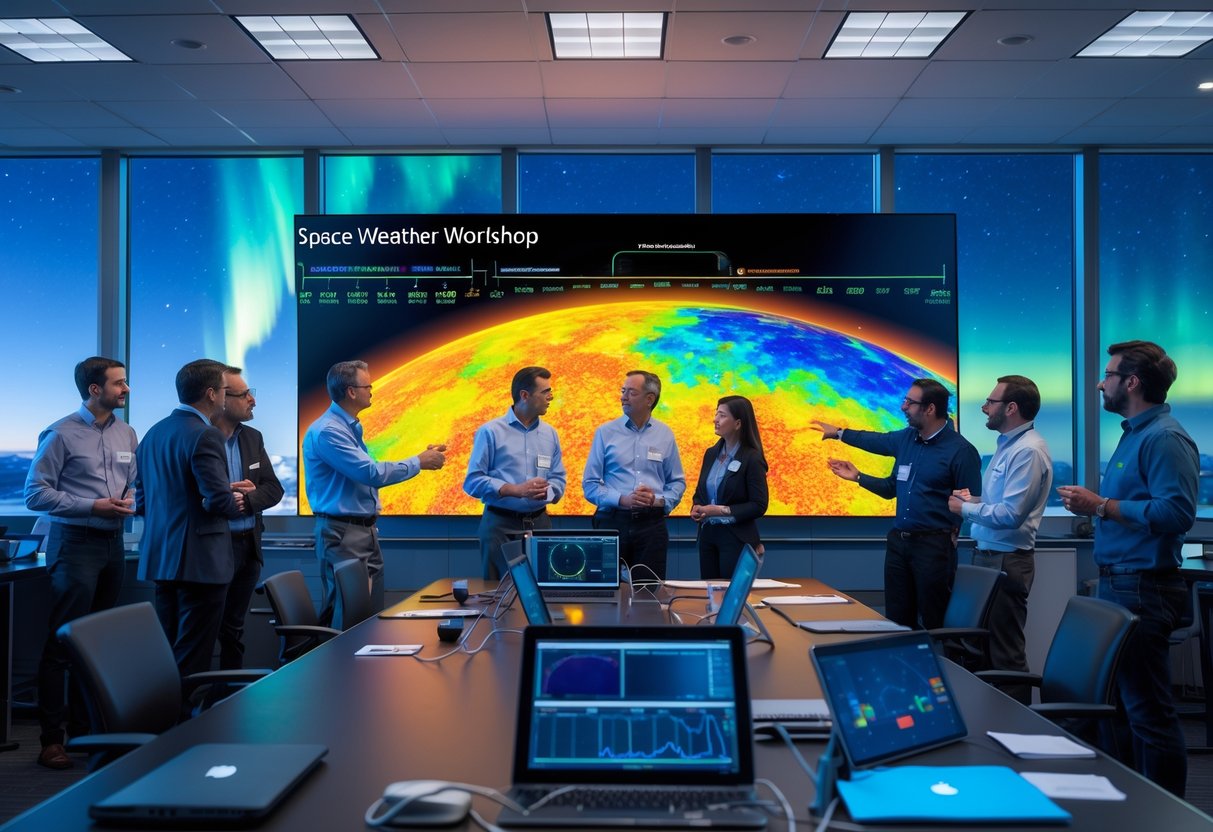 Scientists in a workshop analyzing colorful visualizations of space weather on a large digital screen with a night sky visible through windows.