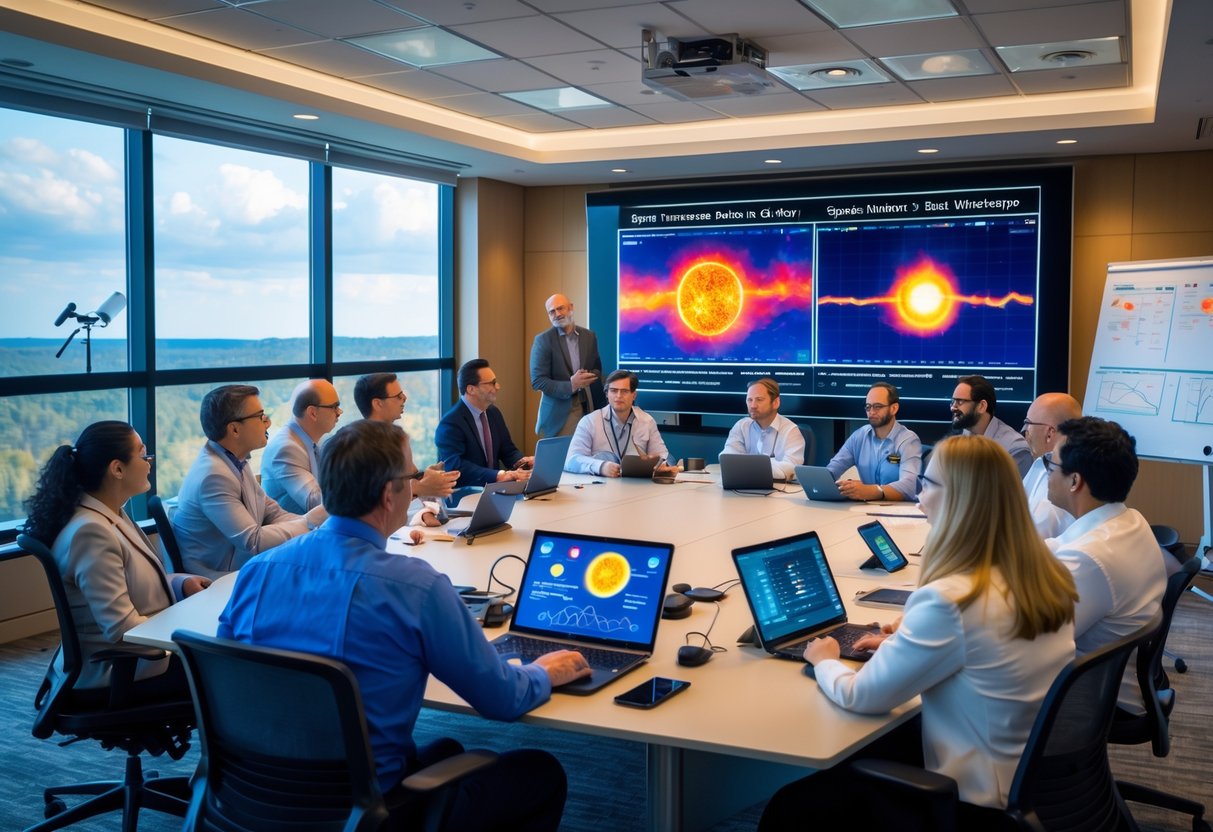 A group of scientists and professionals discussing space weather data around a conference table with digital screens and scientific models in a bright meeting room.