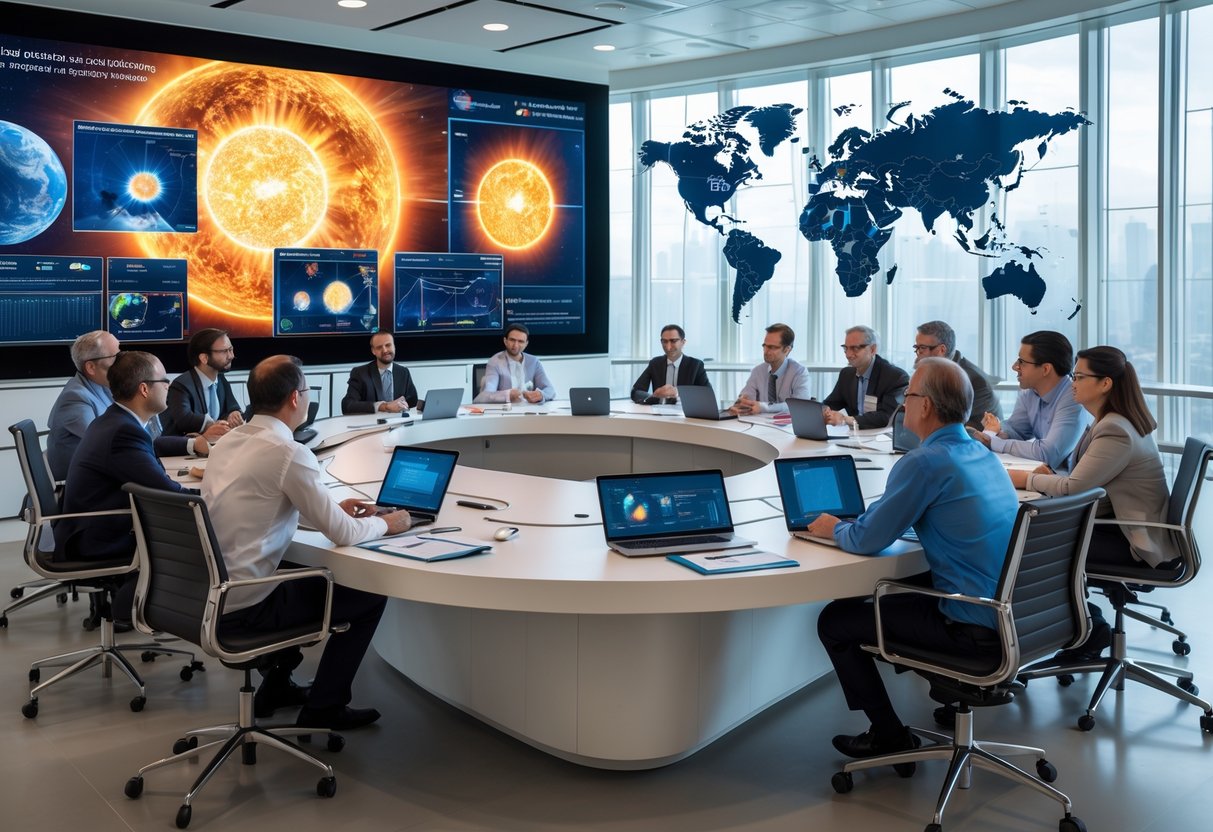 A group of scientists and researchers collaborating around a conference table with digital screens showing space weather data in a bright meeting room.