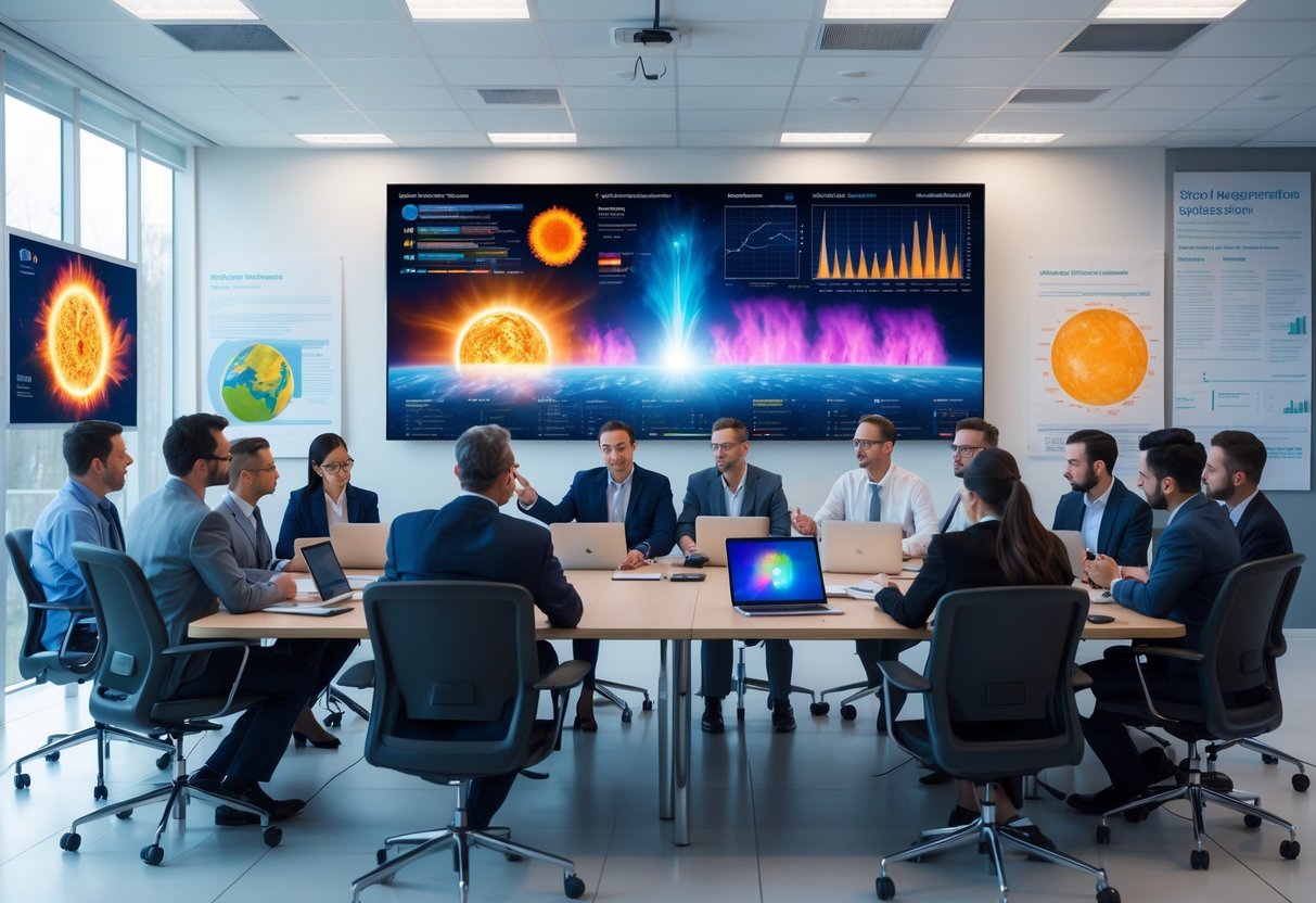 A group of professionals discussing space weather data around a conference table with a large digital screen showing solar and geomagnetic visuals.