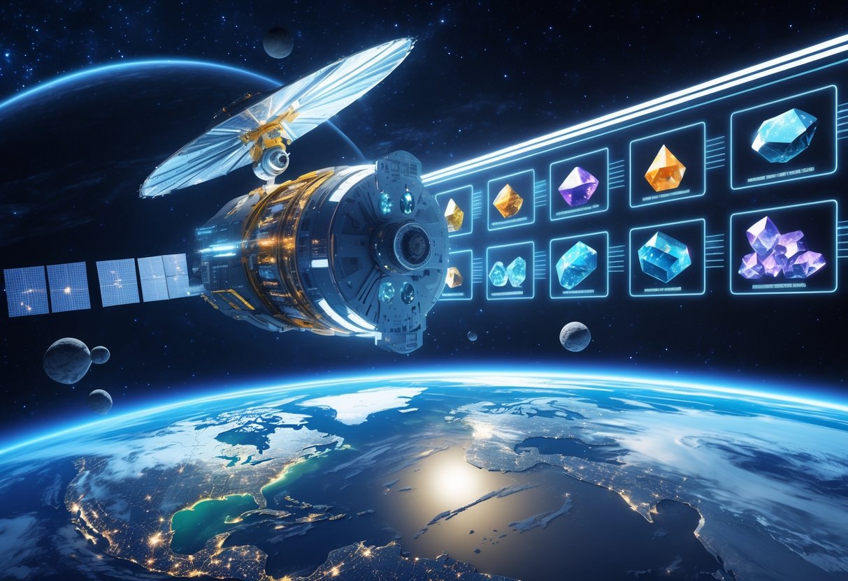 A spacecraft orbiting Earth with holographic displays of minerals and asteroids against a starry space background.