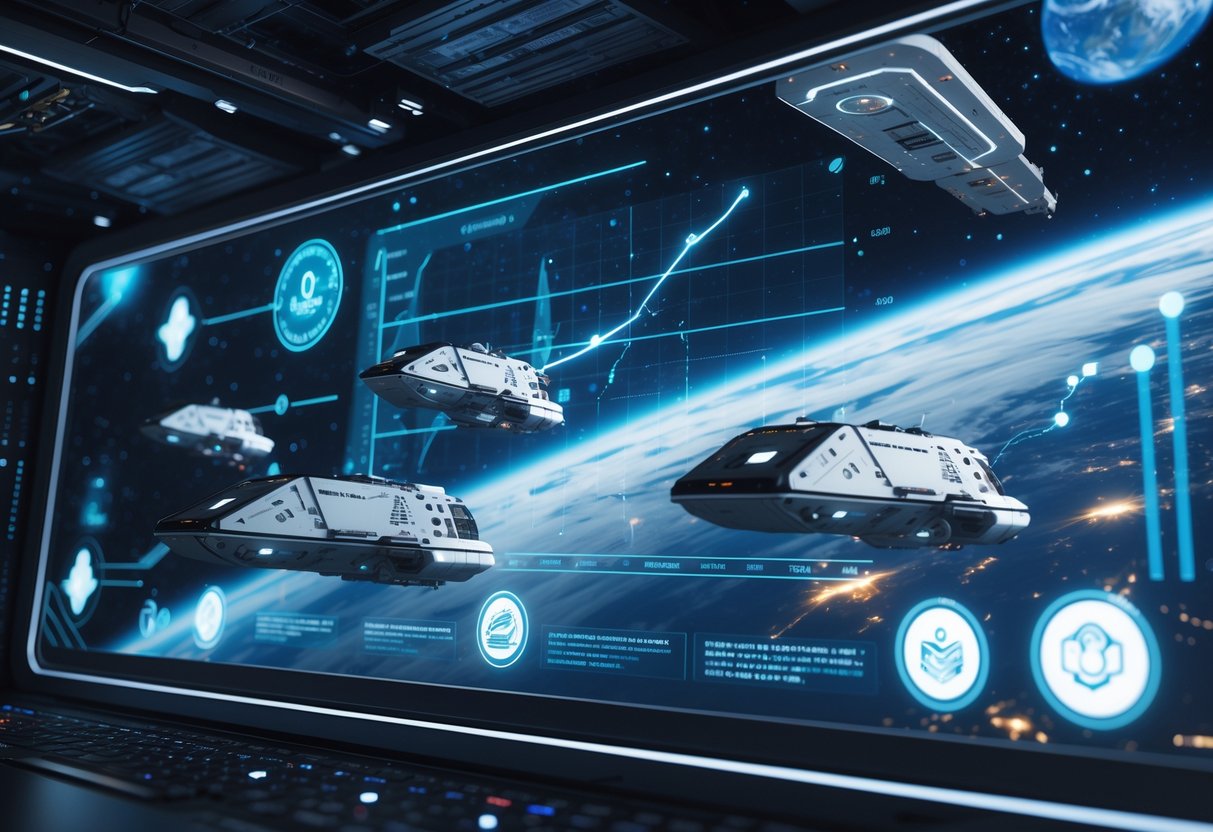 A space station orbiting Earth with spacecraft transporting cargo and holographic displays showing space commodities.