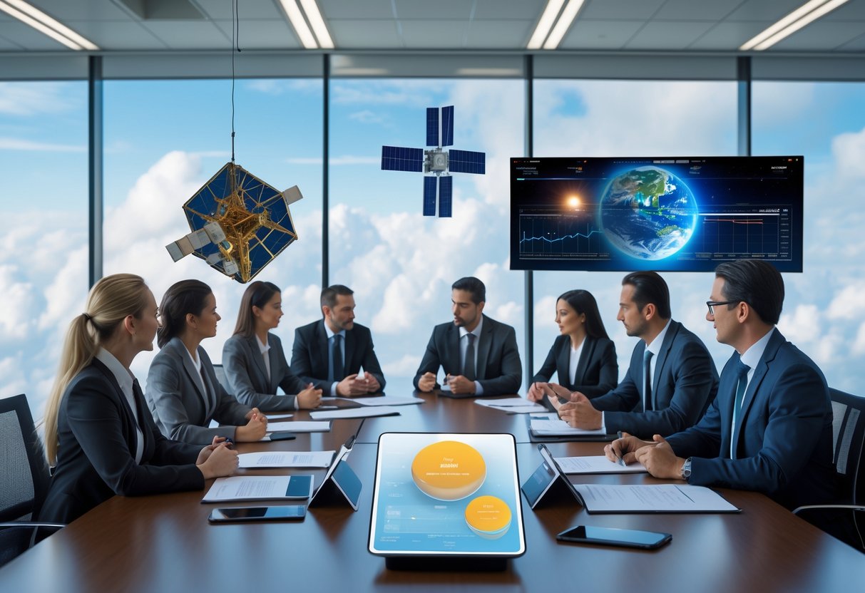 A group of professionals in a modern office discussing space commodities with satellite models and digital displays visible.