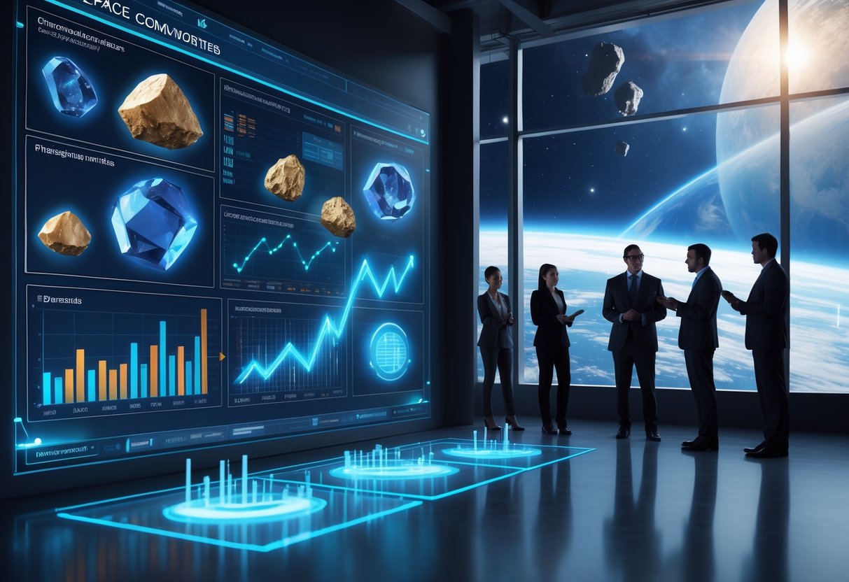 A group of professionals analyzing holographic displays of space commodities with asteroids and a space station visible through a large window in the background.
