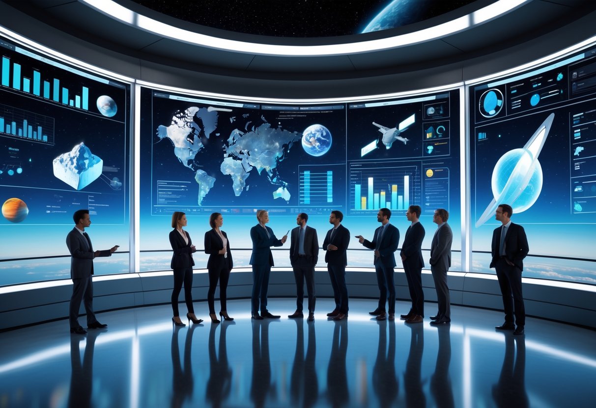 A group of professionals discussing space resources in a high-tech control room with digital screens and a space view outside.