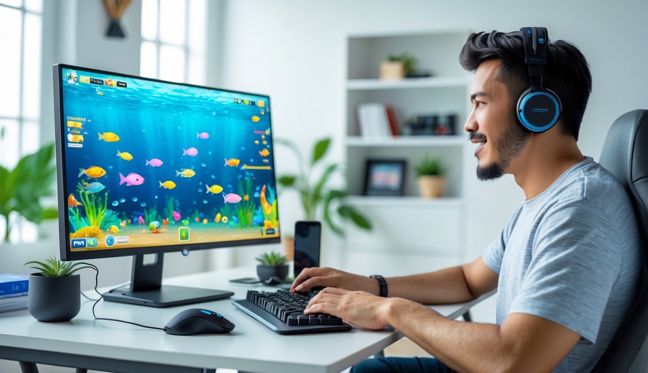 Seorang pria muda duduk di meja dengan komputer, fokus bermain game tembak ikan online dengan latar ruangan yang rapi dan terang.