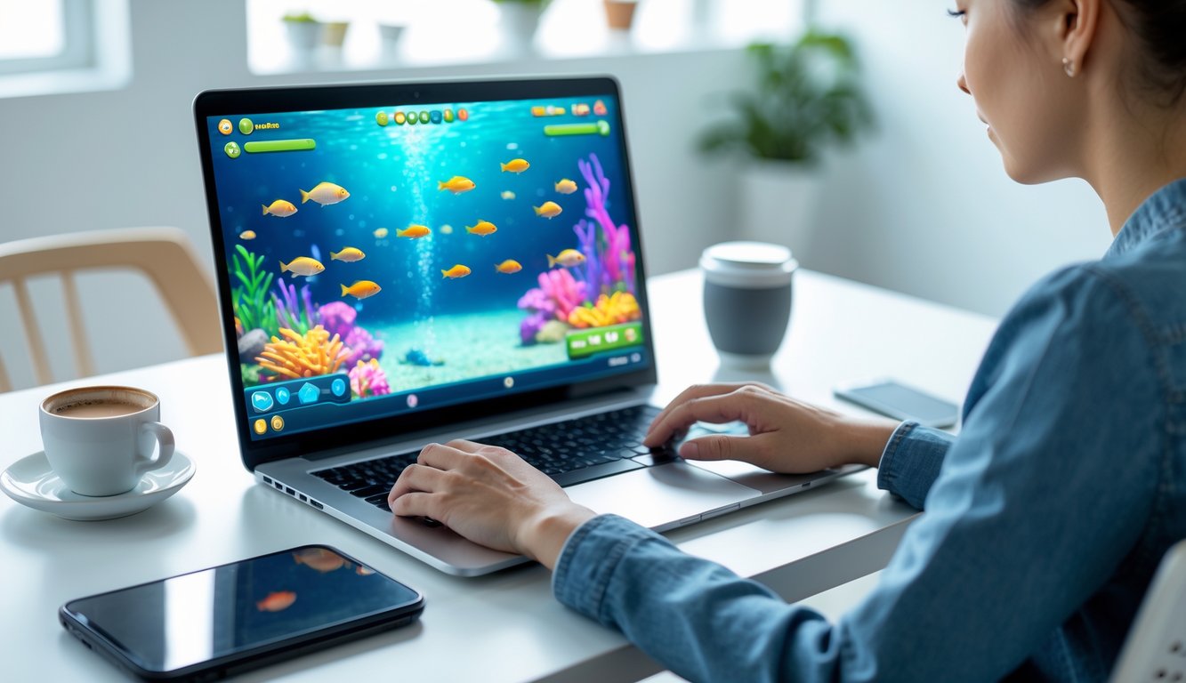 Seseorang sedang bermain game tembak ikan online di laptop di meja kerja yang rapi.