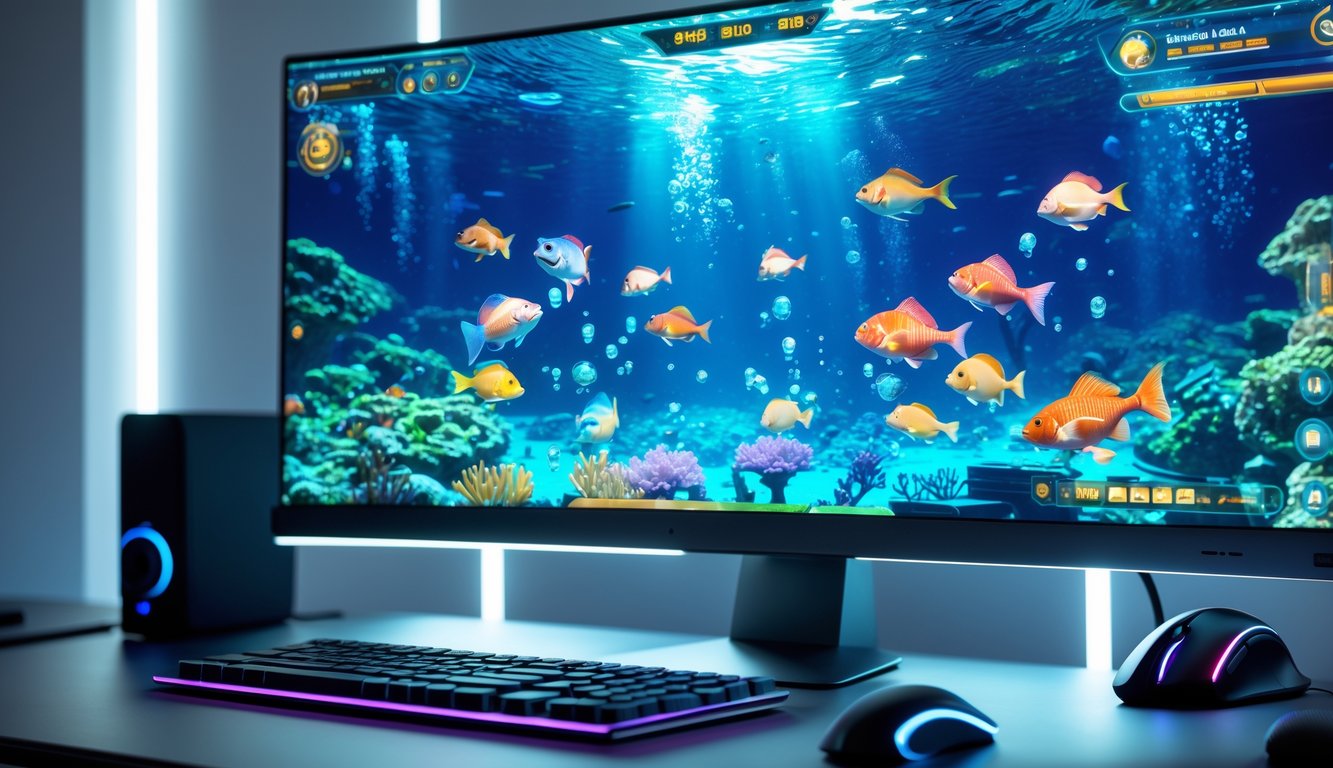 Tampilan layar komputer dengan permainan tembak ikan online yang menampilkan ikan-ikan berwarna-warni di bawah laut.