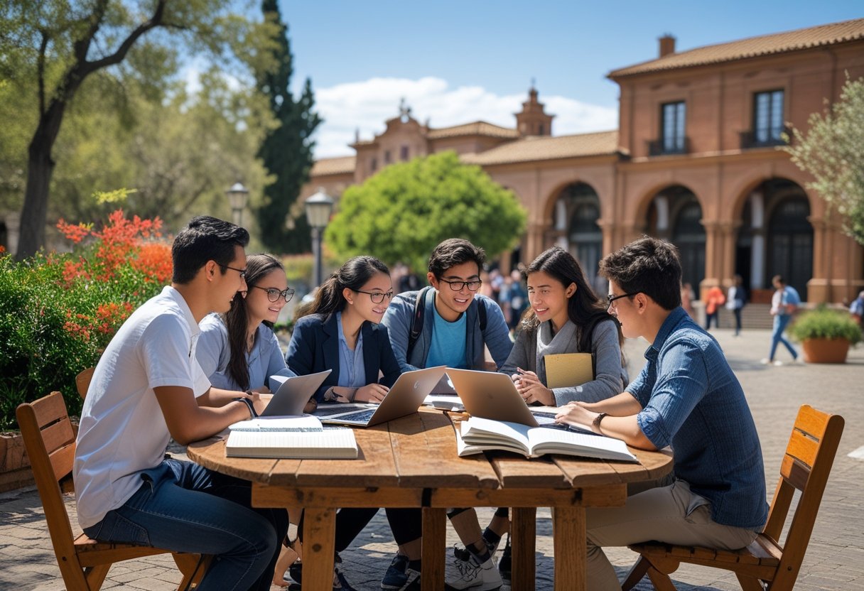 A group of diverse students studying together outdoors with Spanish architecture in the background.