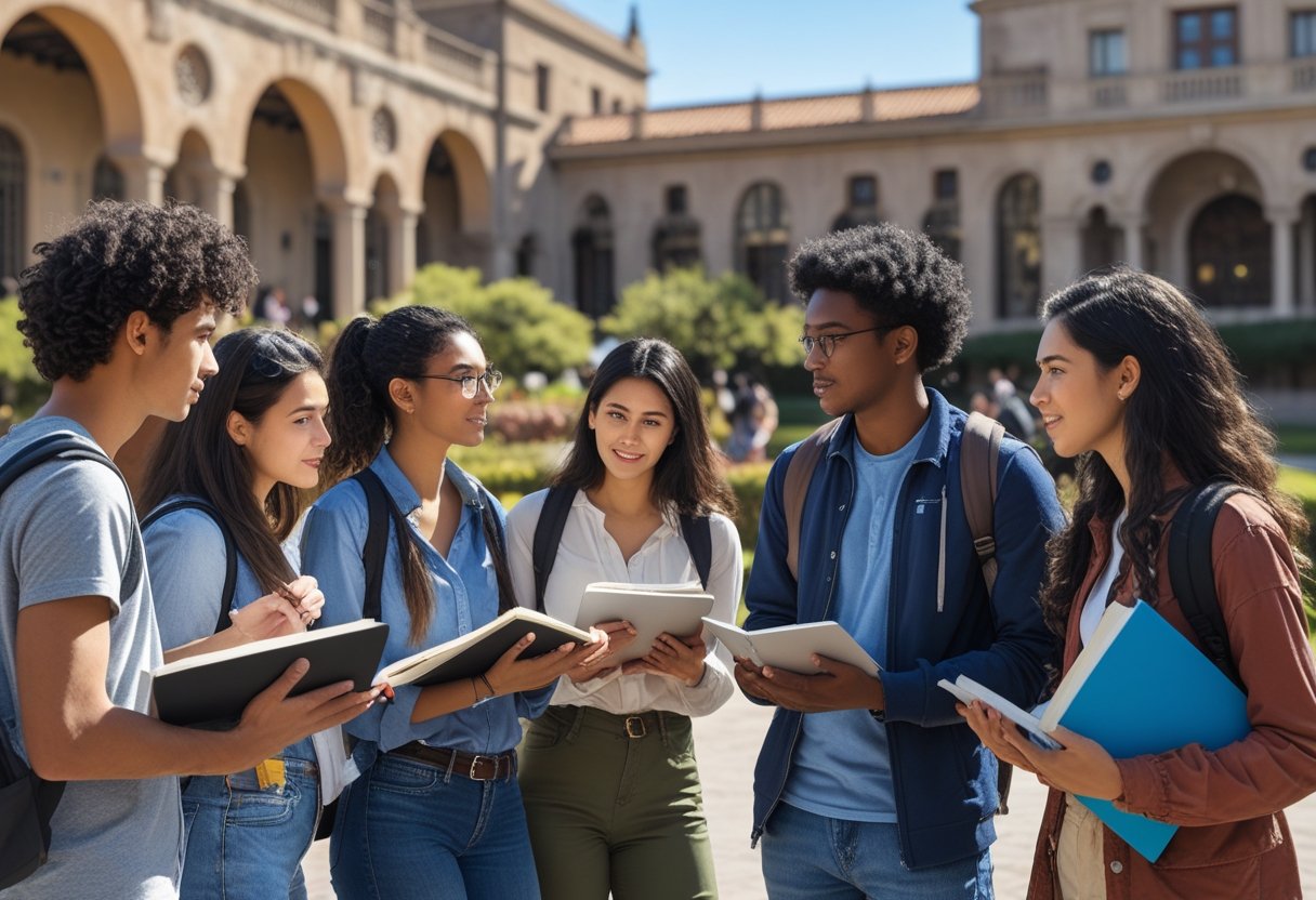 A group of diverse students studying together outside on a university campus in Spain with historic buildings in the background.