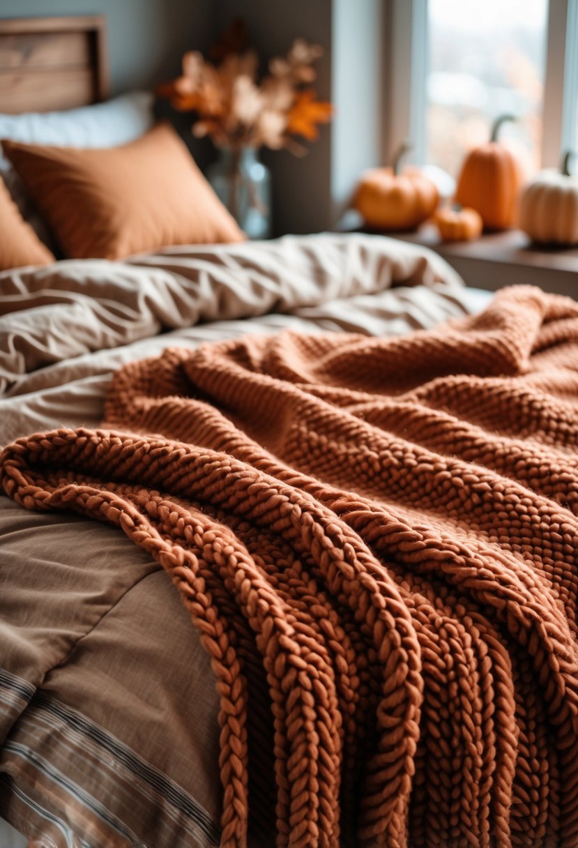 A bed with warm flannel sheets and a rust-colored chunky knit throw blanket in a softly lit bedroom.