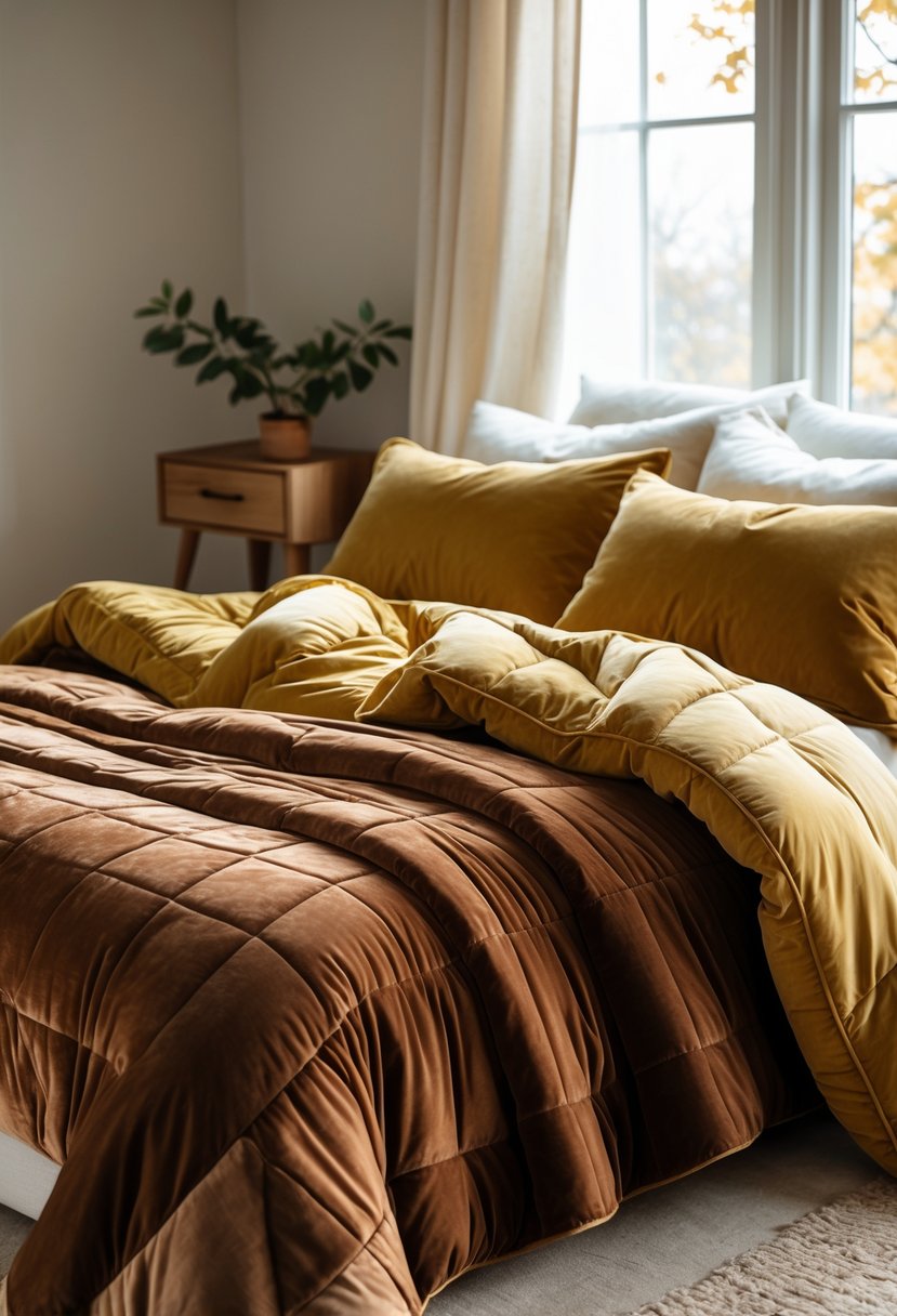 A neatly made bed with a velvet quilt and mustard yellow duvet cover in a warmly lit bedroom.