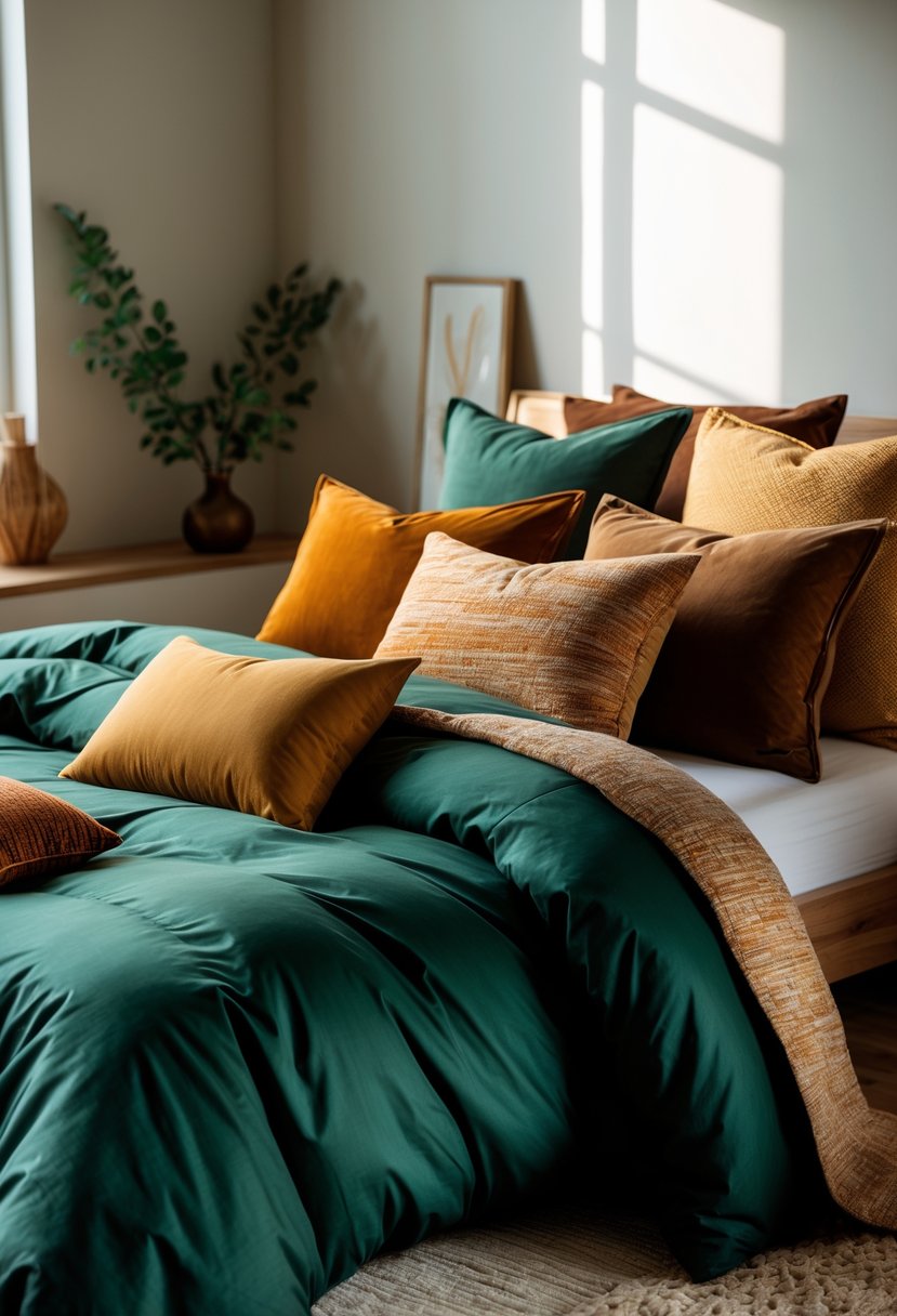 A bed with a deep green duvet and several textured throw pillows in autumn colors in a softly lit bedroom.