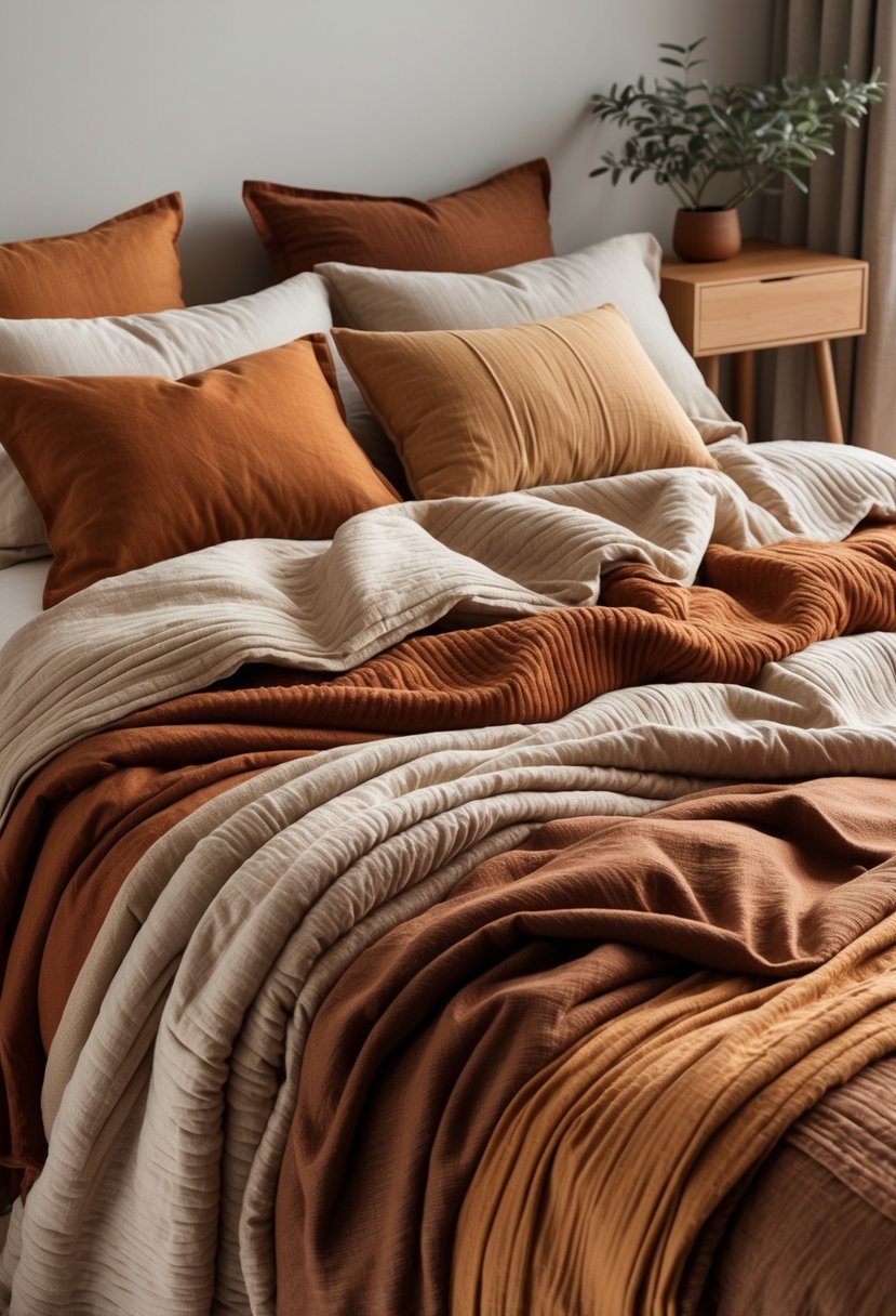 A bed layered with multiple warm earth tone cotton blankets and pillows in a cozy bedroom setting.