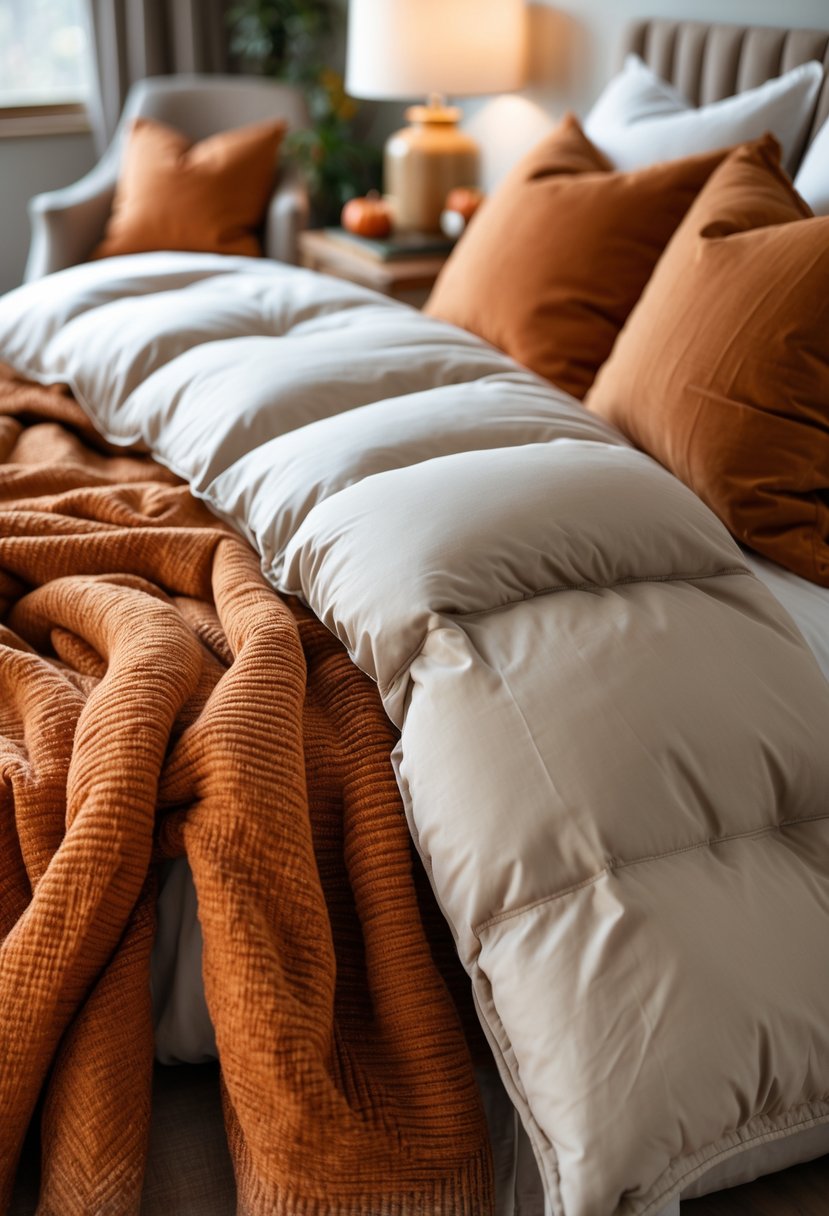 A neatly made bed with a soft light comforter and burnt orange pillows in a warm, cozy bedroom setting.