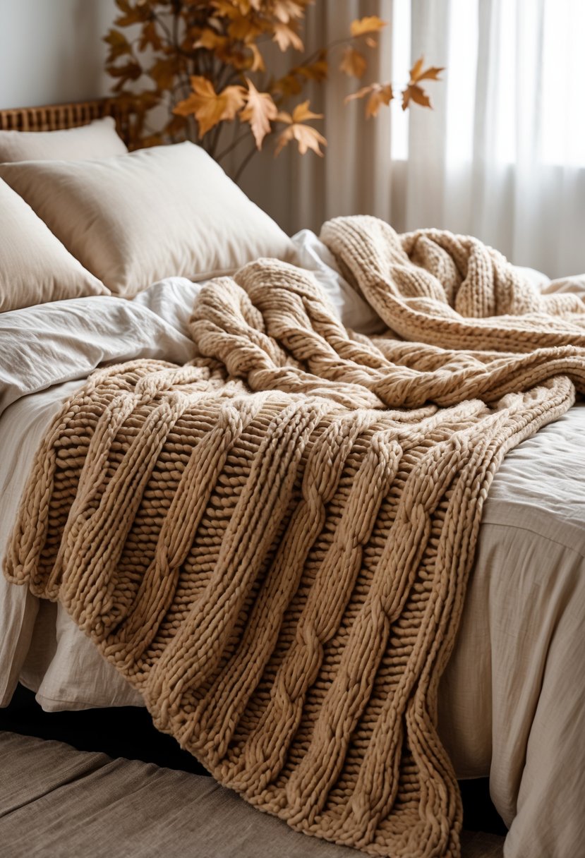 A chunky cable-knit blanket draped over linen bedding on a neatly made bed in a softly lit bedroom.