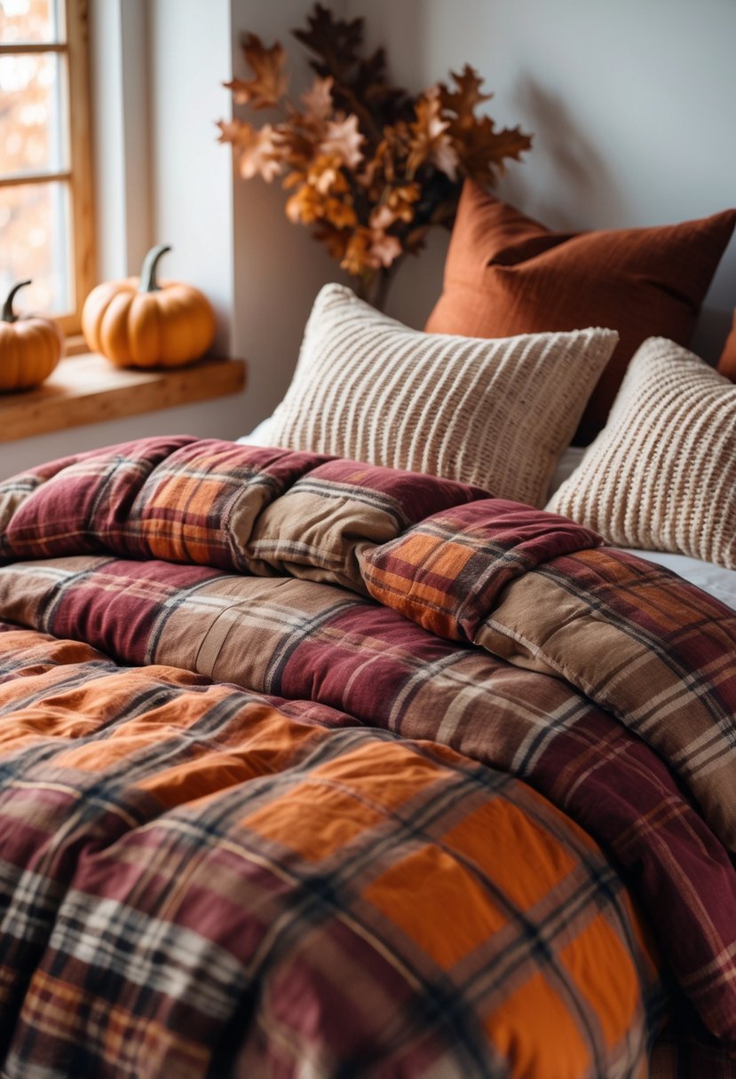 A bed with a plaid flannel duvet and beige knitted cushions arranged on it in a warm, softly lit bedroom.