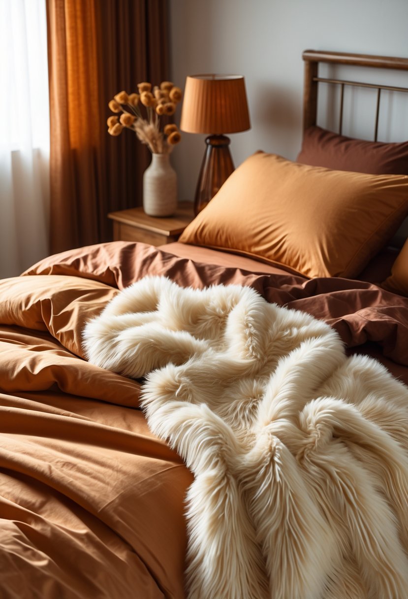 A bed with warm-colored microfiber sheets and a white faux fur throw draped at the foot, surrounded by autumn-themed bedroom decor.