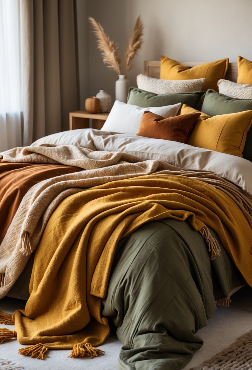 A bed with layered throws in mustard, rust, and olive green colors in a cozy bedroom.