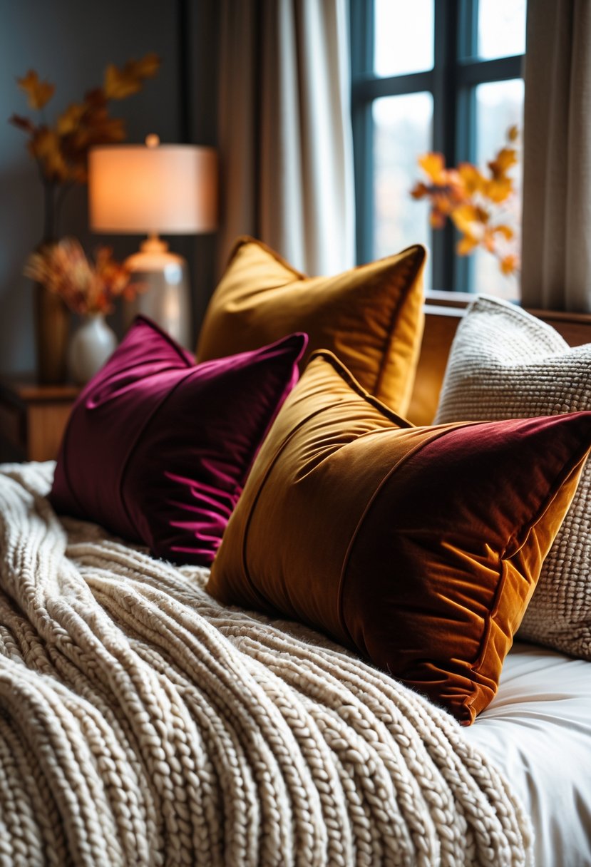 A bed with velvet pillows and a heavy knit bedspread in warm fall colors, with soft natural light and autumn decor nearby.
