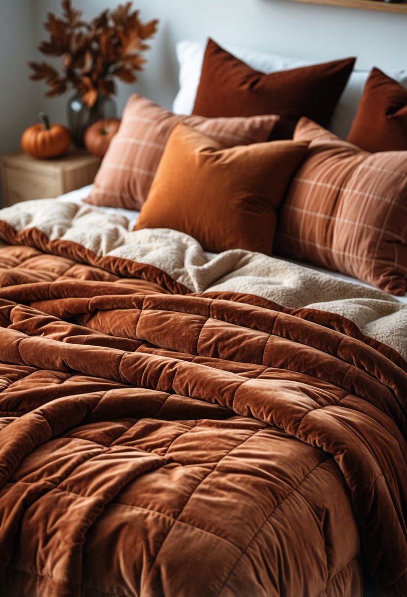 A bed with a rust-colored velvet quilt and flannel pillowcases in warm autumn colors.