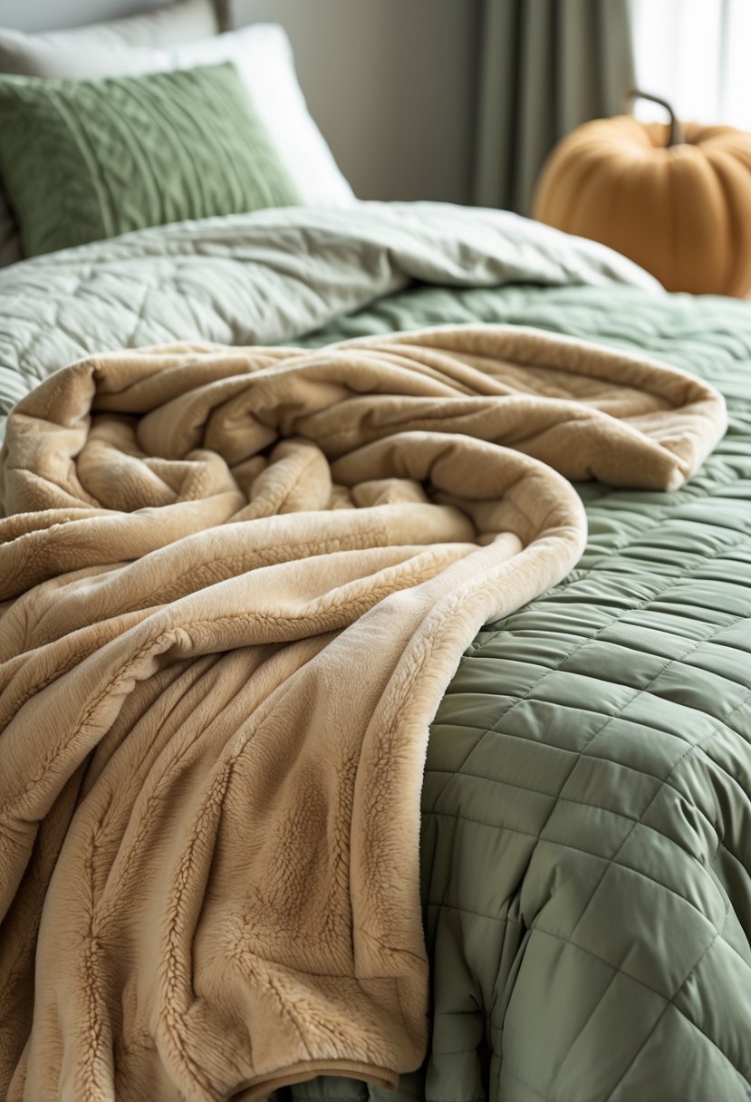 A bed with a soft fleece blanket partially under a quilted sage green comforter.