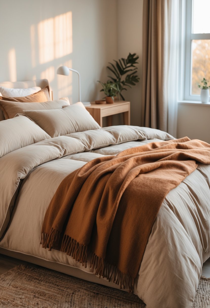 A bed with a neutral beige duvet and a burnt sienna wool throw draped at the foot in a softly lit bedroom.