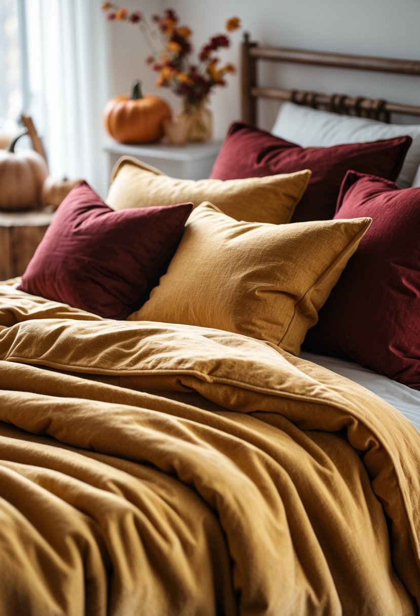 A bed with mustard yellow flannel sheets and cranberry pillows arranged on top.