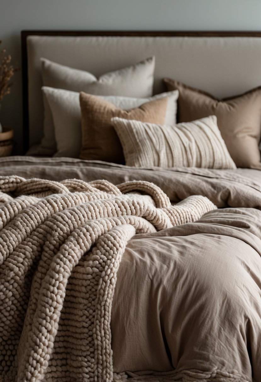 A bed with a chunky knit throw blanket over warm taupe linen bedding in a softly lit bedroom.