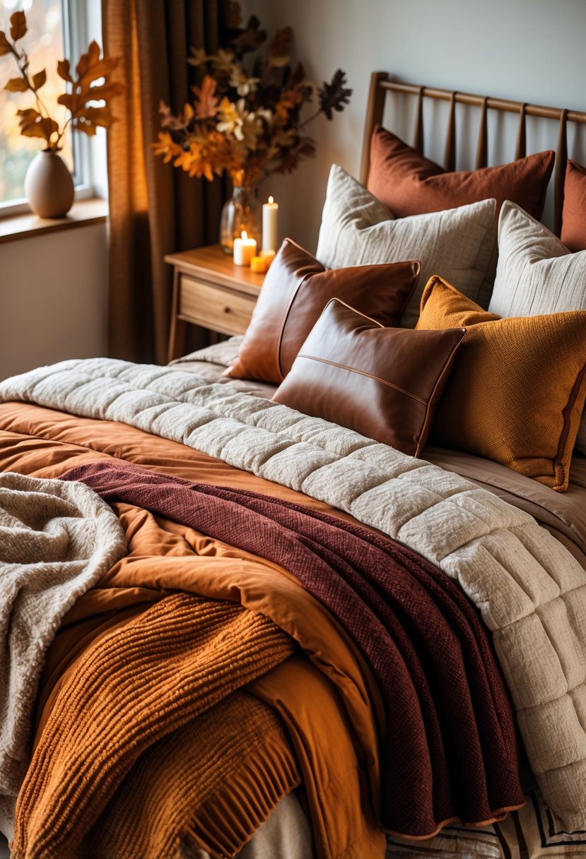A bed with layered bedding in warm fall colors and leather accent pillows in a softly lit bedroom.