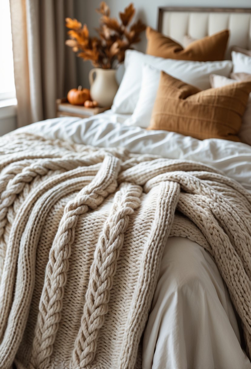 A bed with an oversized cable knit blanket and white flannel sheets in a cozy bedroom setting with fall decorations.