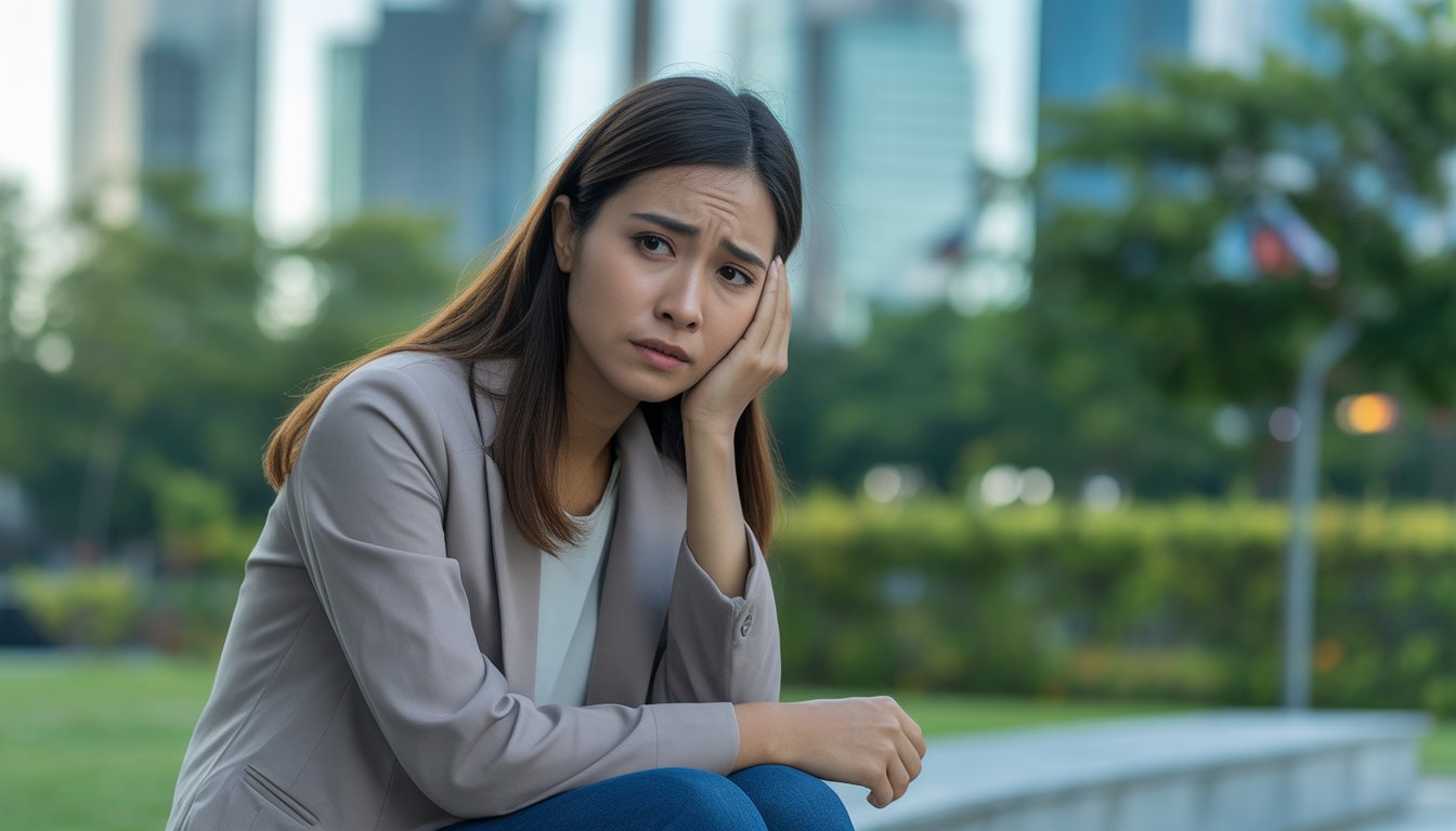 A young Malaysian woman sitting alone in a city park looking worried and thoughtful.