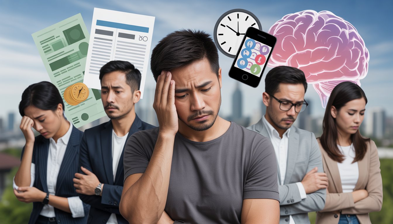 A group of diverse Malaysian adults looking worried and stressed in an urban setting with Kuala Lumpur skyline in the background, surrounded by symbolic elements representing causes of anxiety.