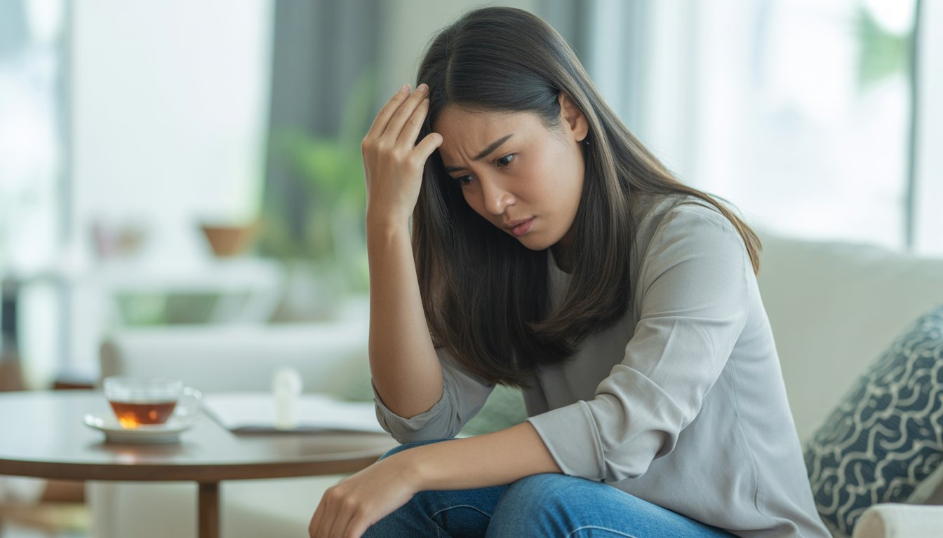 A young Malaysian woman sitting in a living room, looking worried and holding her head with one hand.