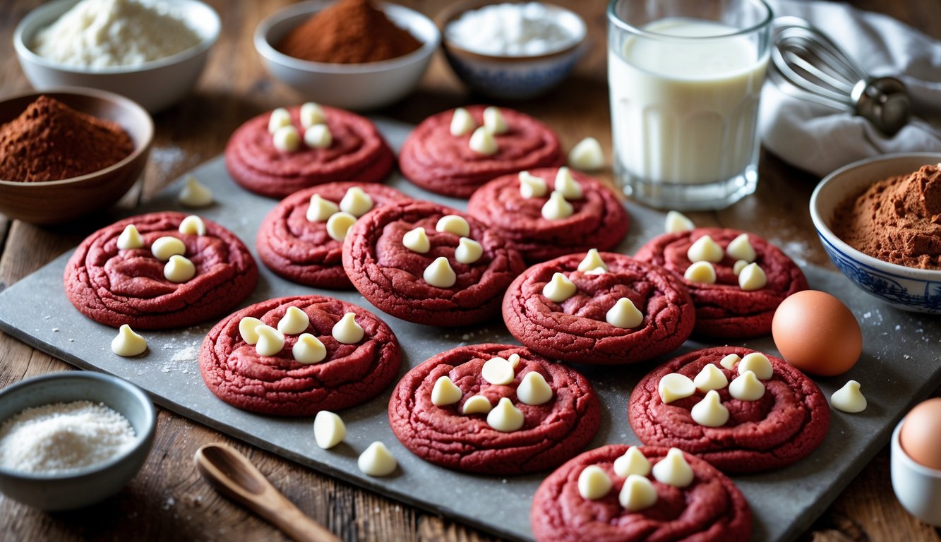 Freshly baked red velvet cookies on a wooden table with baking ingredients and a glass of milk in the background.
