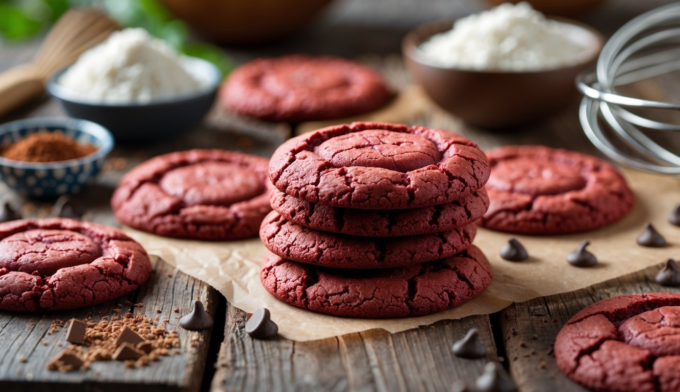 Close-up of freshly baked red velvet cookies on a wooden surface with baking ingredients around them.