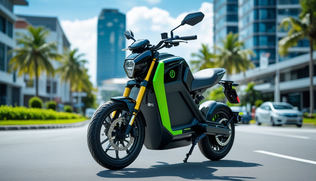 A modern electric motorcycle parked on a city street in Malaysia with buildings and palm trees in the background.