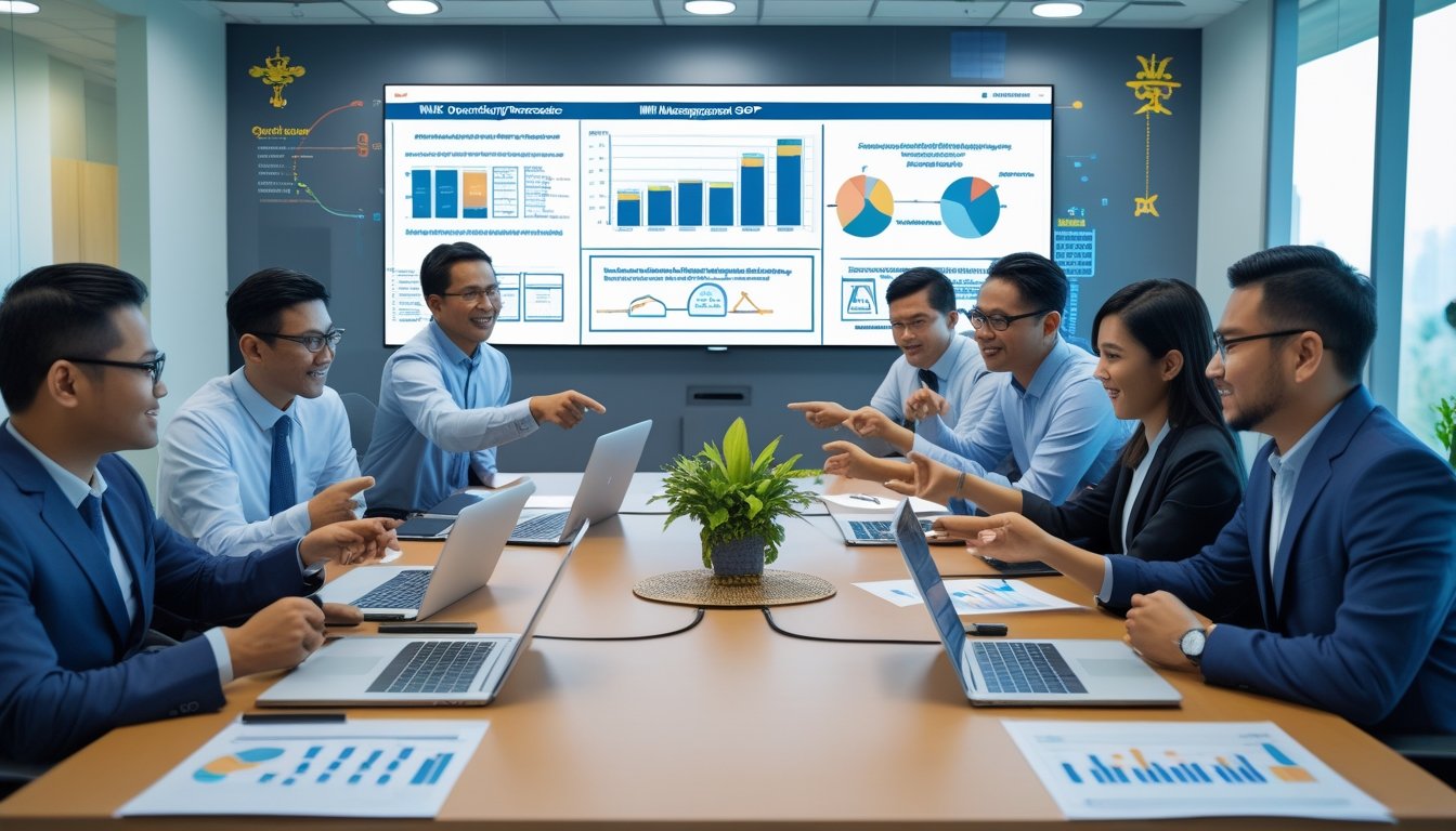 A group of Malaysian professionals collaborating around a table with laptops and documents, discussing a management procedure in a modern office.