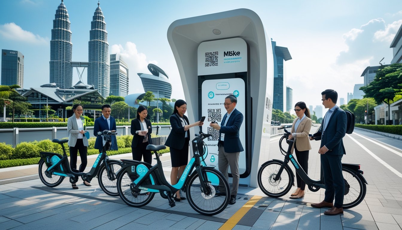 People using electric bicycles at a bike docking station in a busy Malaysian city street.