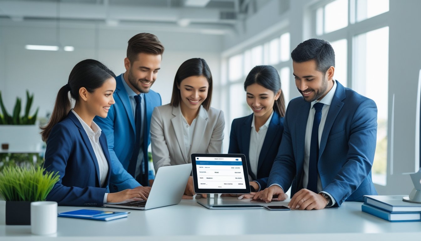 Business professionals working together at a desk with a laptop and tablet, managing payments in a modern office.