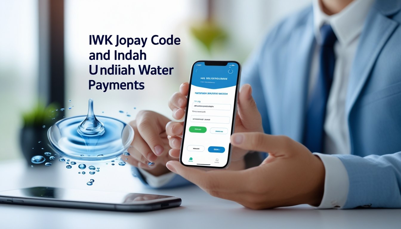 Person holding a smartphone making a digital payment with water utility elements in the background.