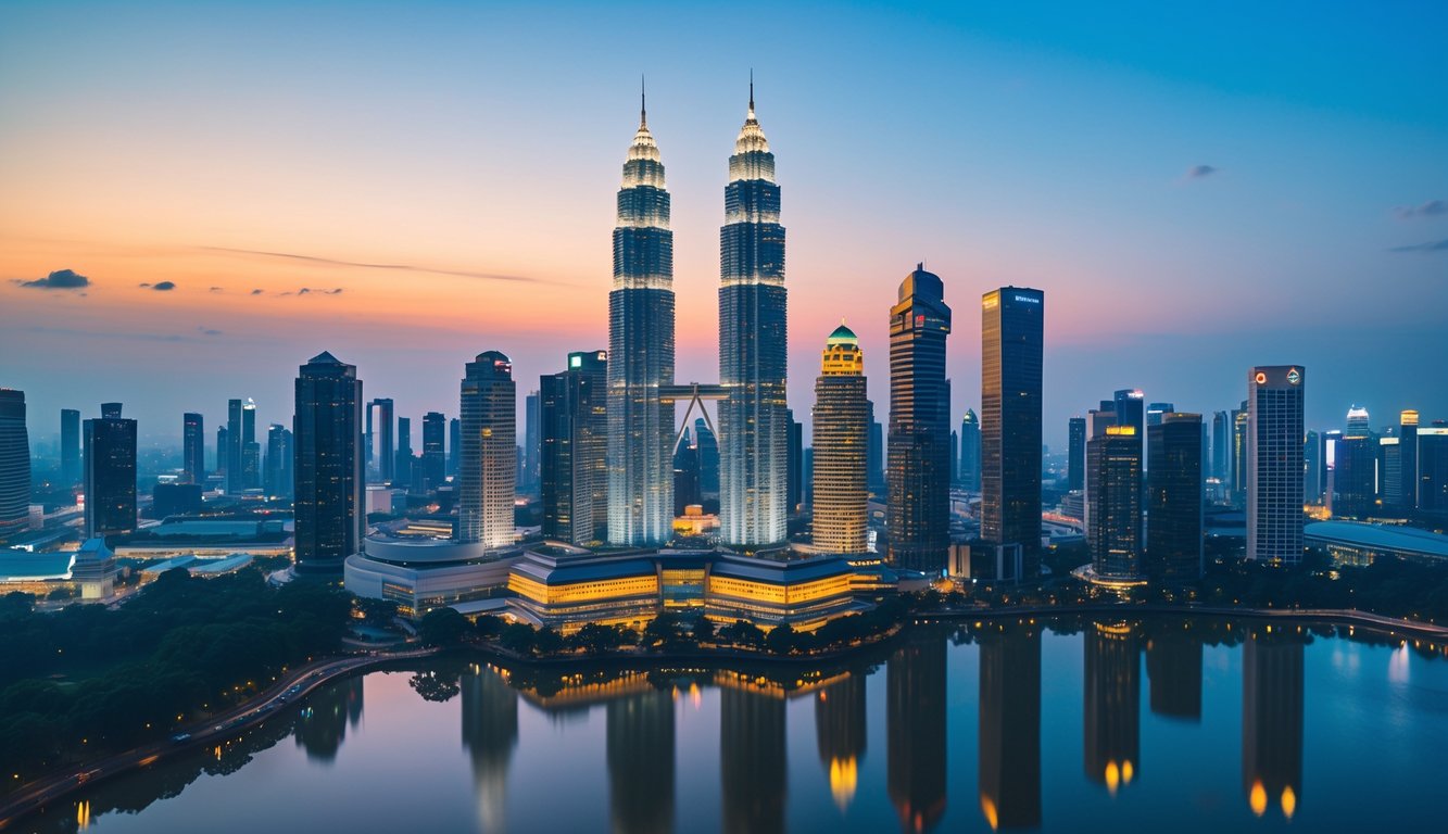Wide-angle view of Kuala Lumpur skyline at dusk with the Petronas Twin Towers and surrounding skyscrapers reflecting on water.