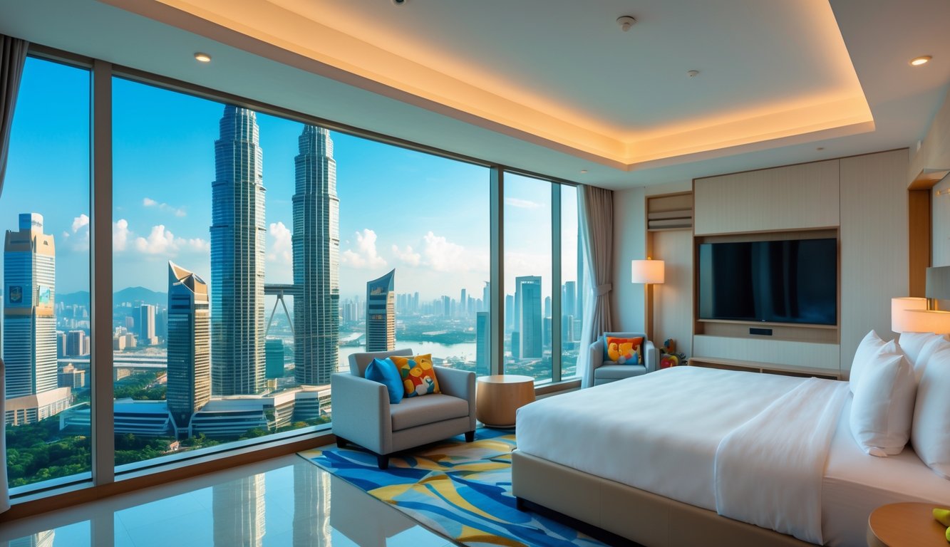A bright hotel room with a large window showing the Kuala Lumpur skyline and Petronas Twin Towers, furnished comfortably for a family.