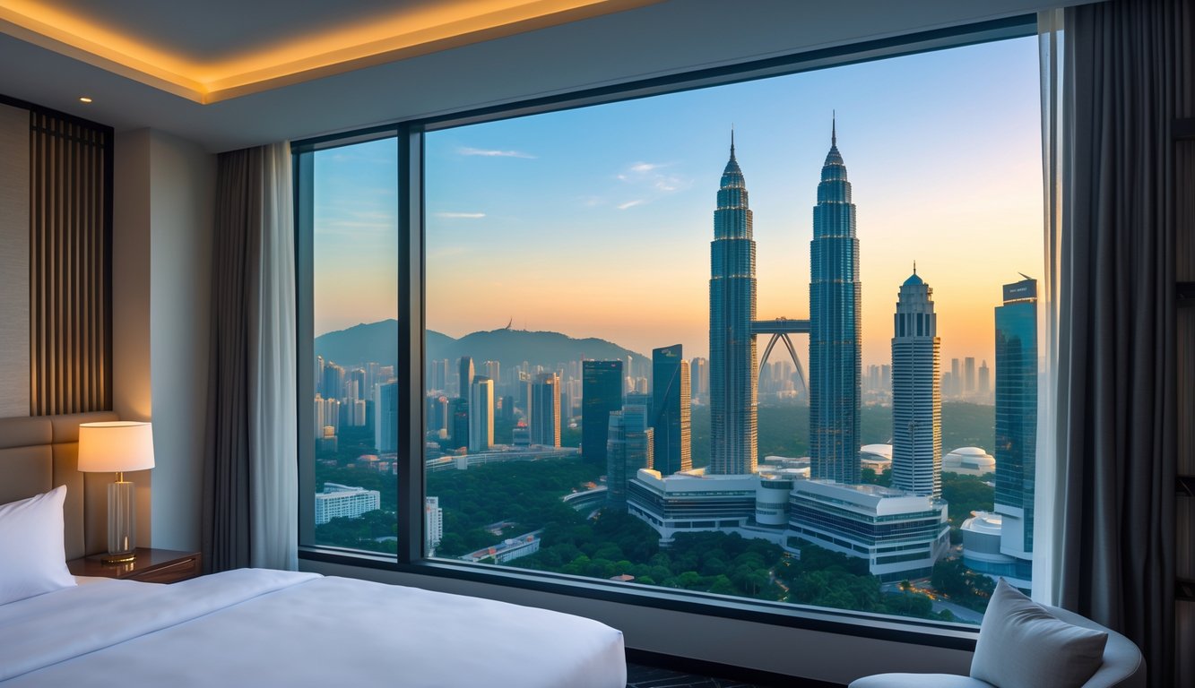 Hotel room with a large window overlooking the Kuala Lumpur city skyline and the Petronas Twin Towers.