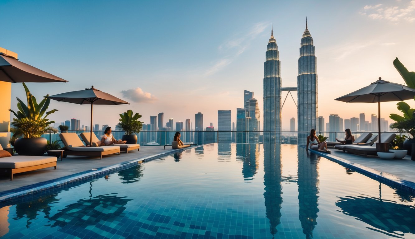 Rooftop pool area of a luxury hotel with lounge chairs and tropical plants overlooking Kuala Lumpur skyline including the Petronas Twin Towers at sunset.