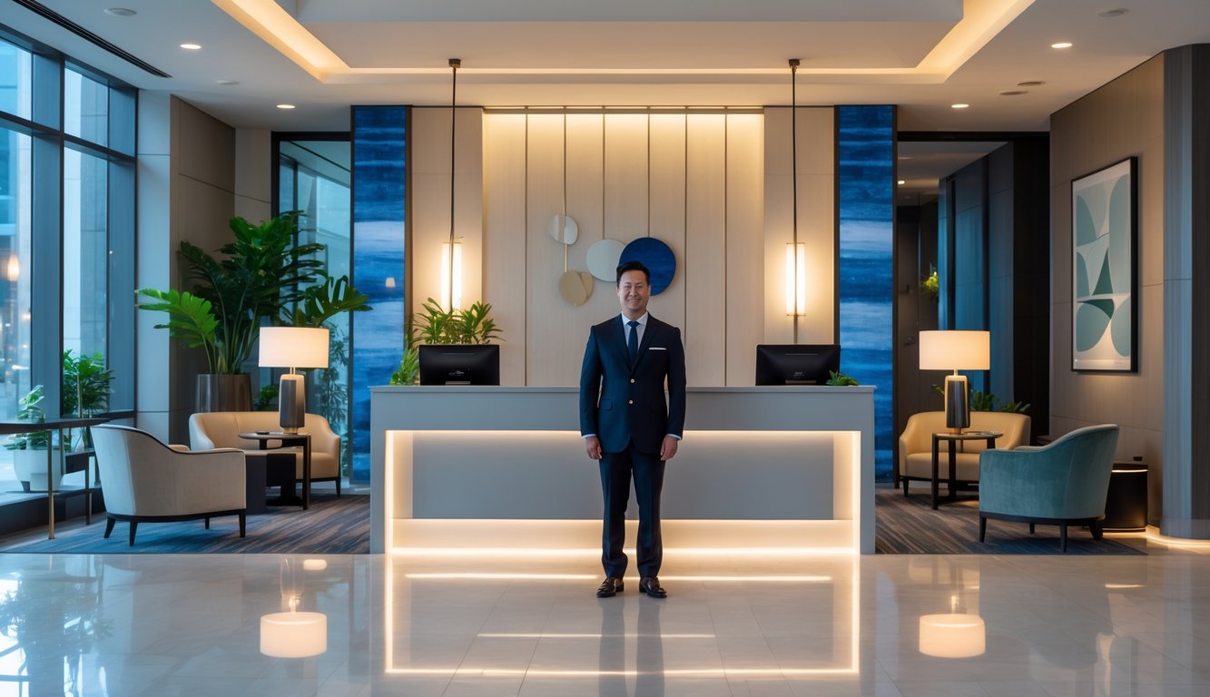 Hotel lobby with reception desk, hotel staff, seating areas, and large windows letting in natural light.